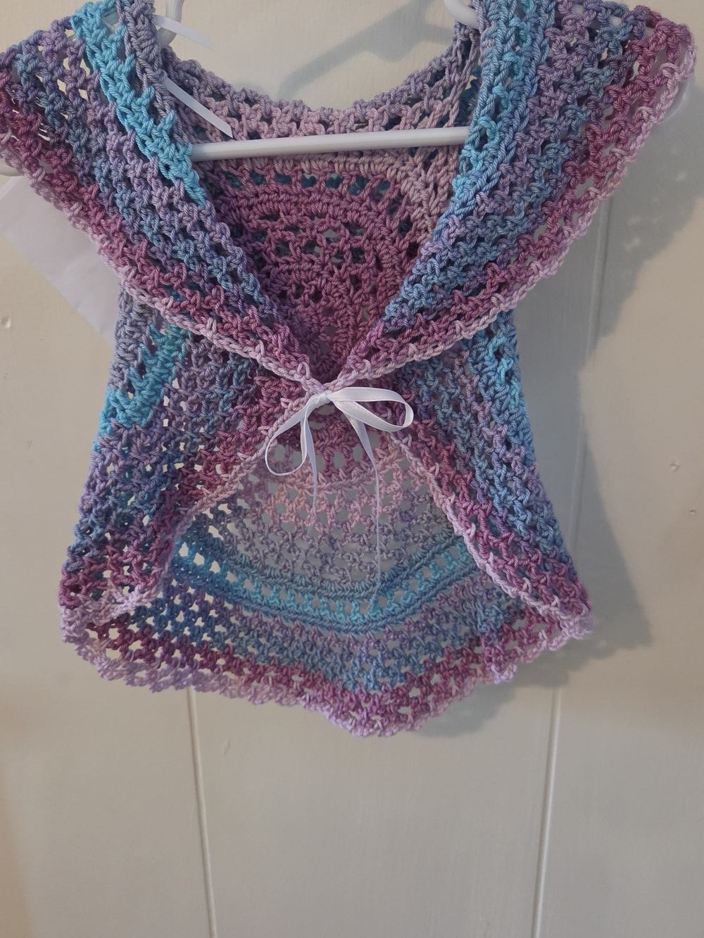 Handmade Crochet Open-Front Sweater Vest in Lavender & Aqua